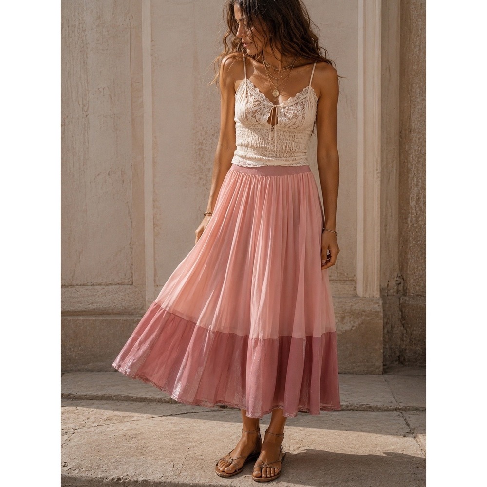 Pinko Made in Italy Two Tone Pink Pleated Midi Skirt Elastic Waist‎ Size 42